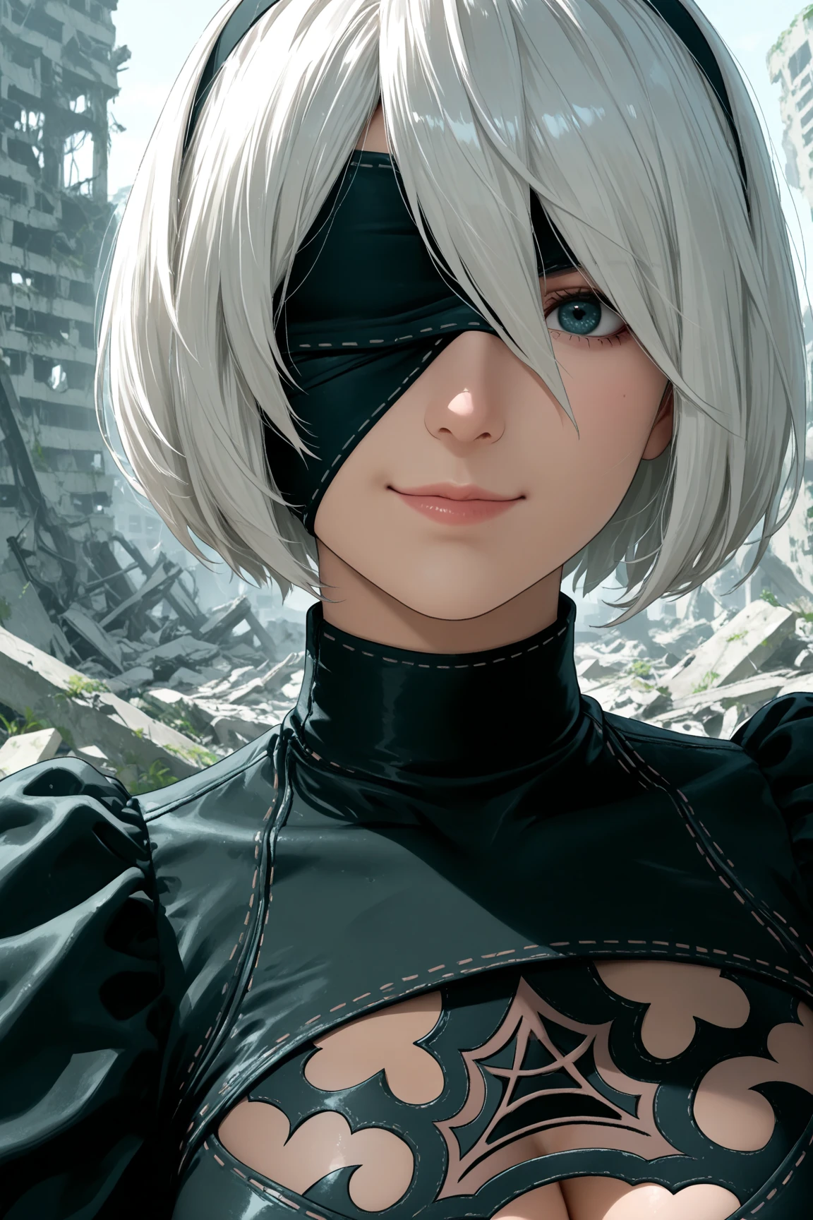NieR: Automata,2B, Anime coloring,big ,close-up,cleavage,has a red face、Smile,ruins,