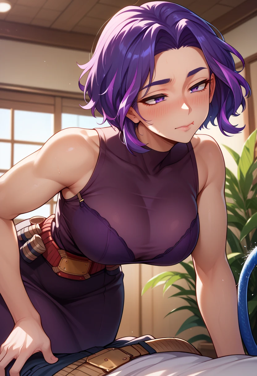 (masterpiece:1.5),(best quality:1.5),(high resolution:1.5),(8k:1,5),(perfect face:1.5),(perfect body:1.5),(perfect hands:1.5),(perfect fingers:1.5),(full body:1.3),,(1woman:1.5),(megami magazine:1.3),pale skin,(fighter:1.5),hamaoka_azusa,(purple shirt hair:1.3) , (right purple eyes:1.3),( large breasts:1.4),(large ass:1.4),(small nipples:1.2), (detailed face:1.5), (white virgin killer sweater armless and sleeveless:1.5),(Jeans in shorts:1.3), Facing forward with the whole body, looking at the viewer,(drunken face:1.3),Sexy pose stand,(sea:1.3),(wet:1.2),(sweat:1.2),(shirt jeans and white sweater cameltoe:1.3),(clothed:1.5),
