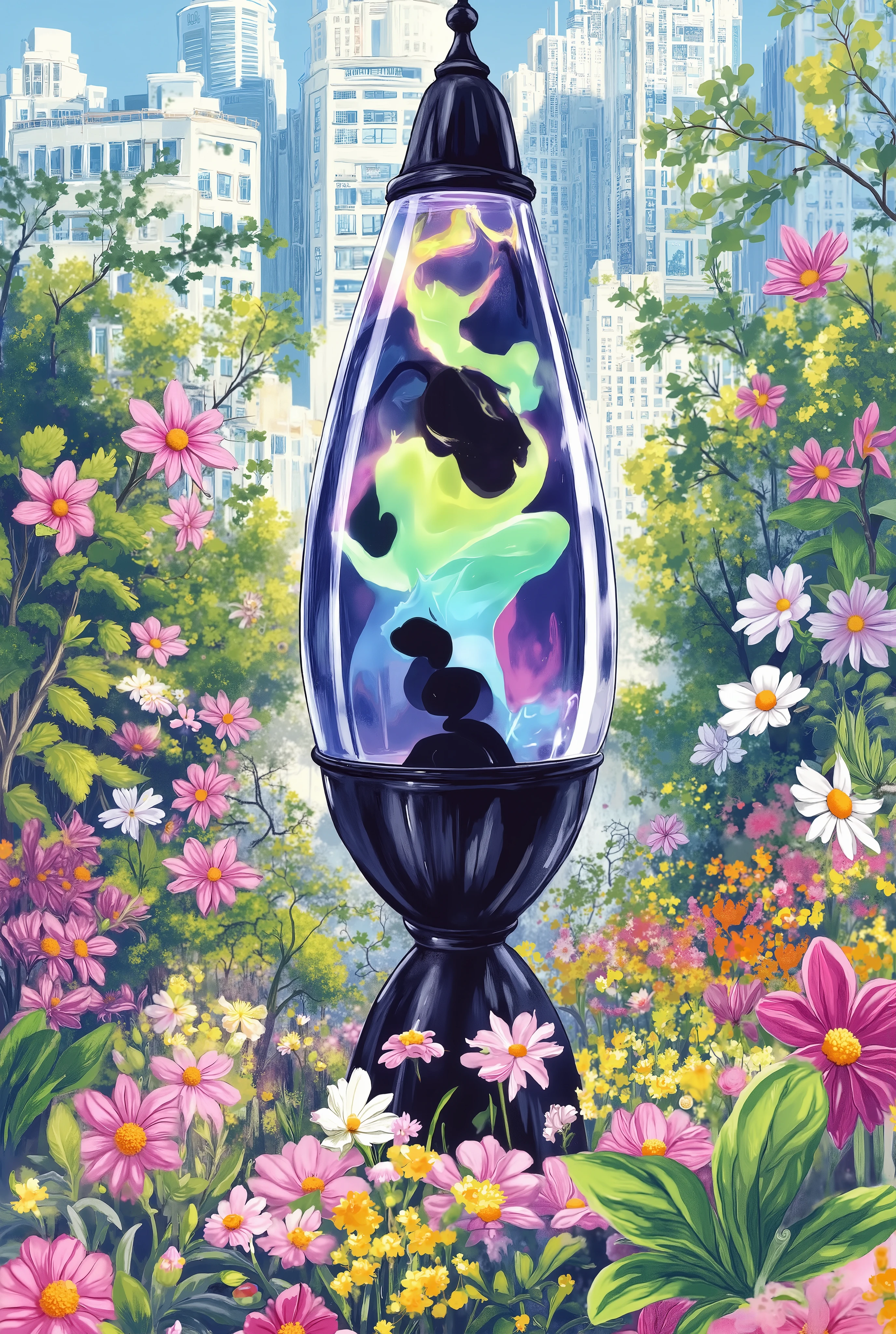 Colorful lavaa lamp in the center, colors are white, black, green, purple, flowers in backround