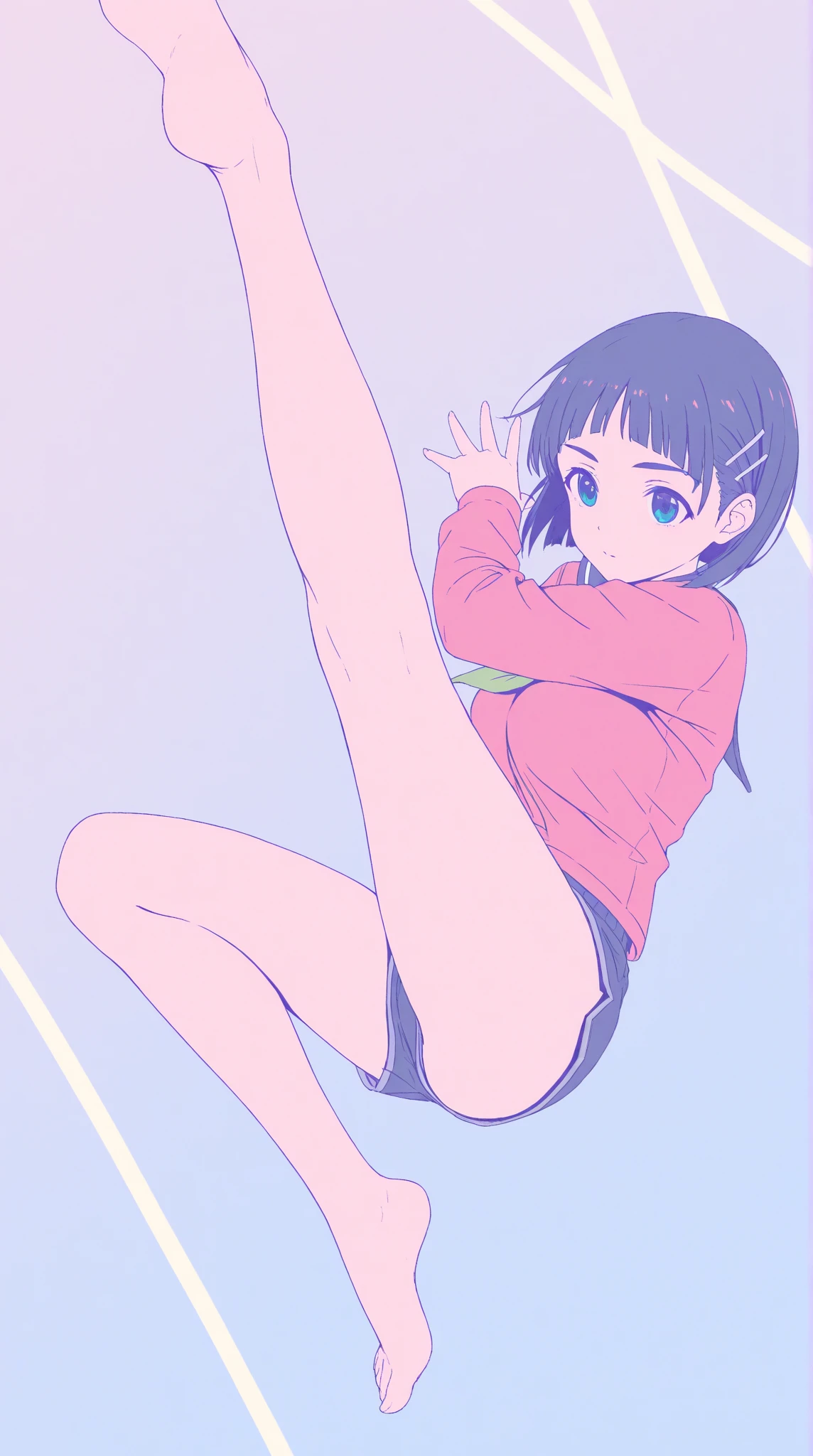 <lora:_henjump:1:CT> henjump legs spread head turned backwards