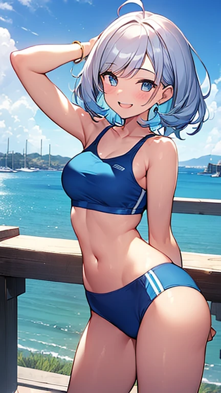 solamente,Facing angle of view,cabello azul,Peinados cortos,Bob Cabello、big-headed、Bobhair、atajo, pelo azul, ojos de color azul,cabello largo con trenzas gemelas, With sleepy face, hosco,swim wears、El bikini、tiny breast,、muslos muslos muslos muslos muslos、standing athletic pose,fondo blanco,Fondo simple