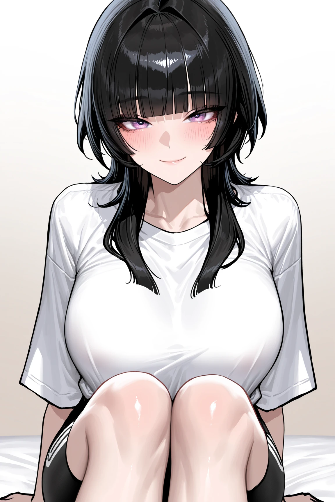 hyperrealistic anime,curvy seductive woman,(tareme),long black hair,blunt bangs,wavy hair,tubetop white blouse,short skirt,see-through stall,make-up,at coffice,sweaty,look at viewer