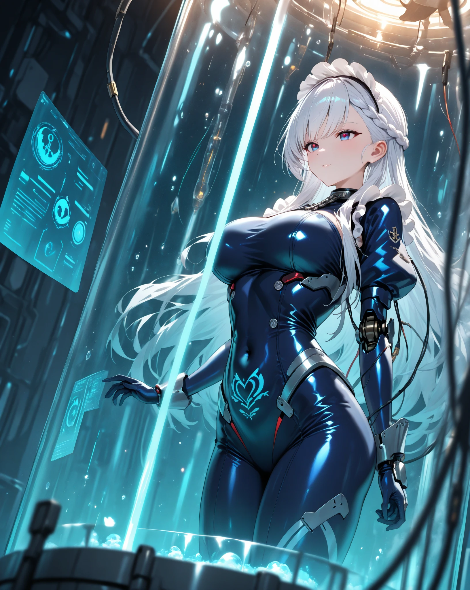 masterpiece, best quality, (extremely detailed CG unity 8k wallpaper), (best quality), (best illustration), (best shadow), (villain smile), absurdres, realistic lighting, (Abyss), 1girl, (Melusine), long_silver_hair, small_breasts, yellow_eyes, reverse bunnysuit, taimanin_suit, exposed_arms, action, ((sexy)), wet