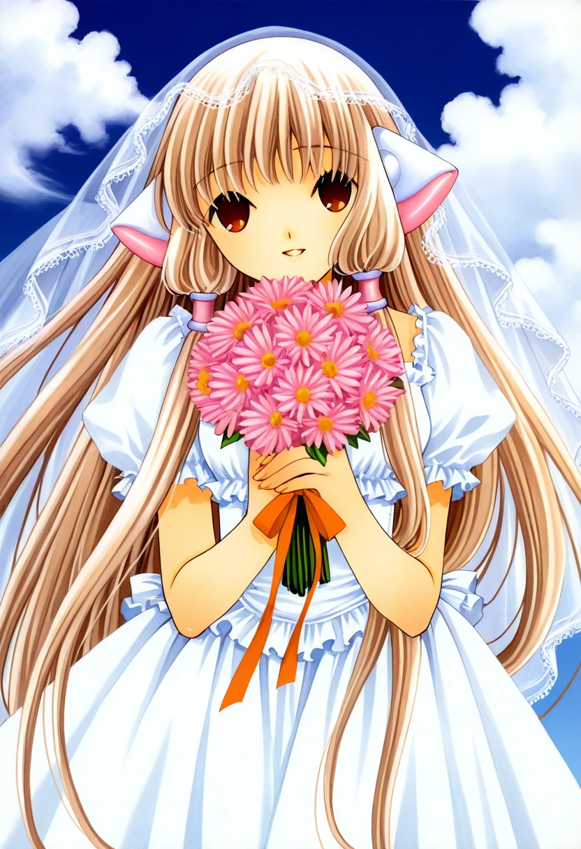 CHII,1girl,flower,solo,long hair,brown eyes,dress,blonde hair,robot ears,veil,bouquet,sky,frills,cloud,day,looking at viewer,smile,holding,hair tubes,white dress
