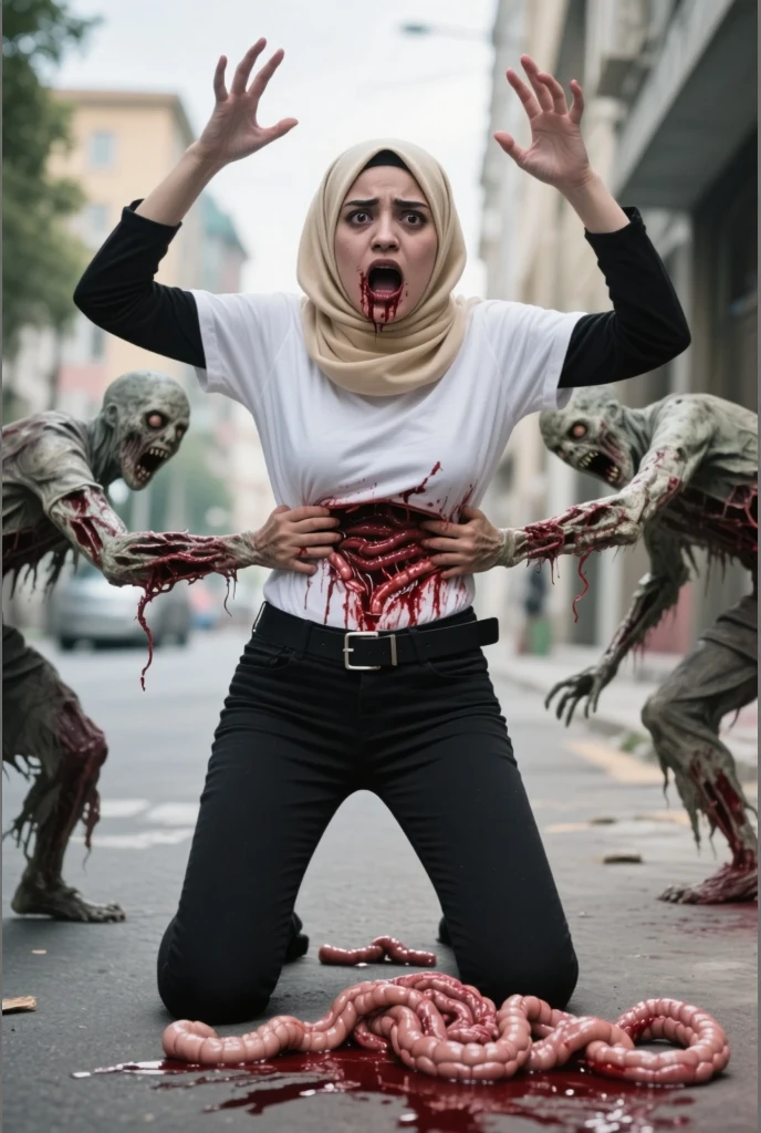 blond woman with blood on her face and white robe holding a knife, creepy sigma 75mm, pale woman covered with blood, inspired by Gottfried Helnwein, realistic cosplay, bloody eyes, blood on clothes and face, blood on body, scary look, horror photo, beautiful zombie, horror photography, hyper realism scary, bloody face, blood dripping from eyes