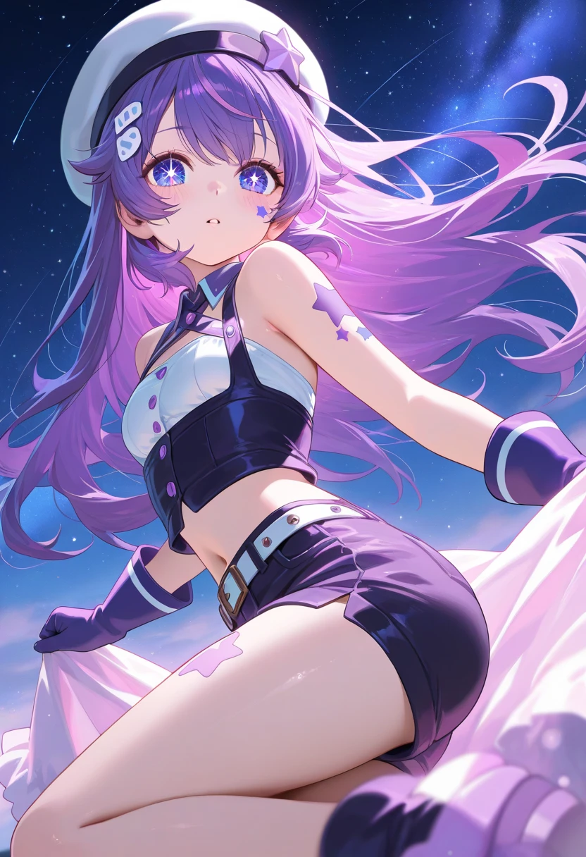 (((spread legs)))、Rainbow Magical Girl Costume、(((Panty shot)))、Beauty、Purple hair short ponytail、((whole body))、(((photo taken from below)))、night sky、The background is darkness