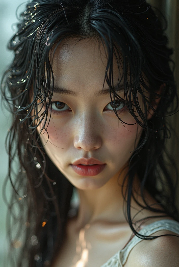 (((Full body image of a woman))),(Model shooting style), (shy), 1 girl, Lonely, Shiny black hair、 Extremely rich facial detail, Beautiful Eyes, cute, Slightly red cheeks,bright, Lonely Eyes, Stunning beauty, (Rembrandt Lighting), ARRI Lenses, Surreal, (Skin with attention to detail:1.2),4K,ARRI ALEXA LF,Promise, Dramatic Rim Light,Sparkle Effect, high quality,Very delicate and beautiful, wonderful, In detail, masterpiece, Very detailed, High resolution,Best Shot, Best Shadow,Complex,Sharp focus, high quality, 1 Japan woman, alone.cute,Fuka Koshiba,Yuki Sakurai,waterfall,water droplets,Wet,Lens flare,No sleeve,Frills,Beautiful breasts,Swallowtail butterfly,A butterfly flutters,Cool eyes,Glossy Lips,An ennui smile,Glowing Skin,Transparent skin,From above,Open your arms,Waistline,Beautiful nipples,((No shirt, Very good, Naked underneath, Bare chest, Barely covering her nipples)),((Wet, Her clothes are transparent, Her body and skin sweat))