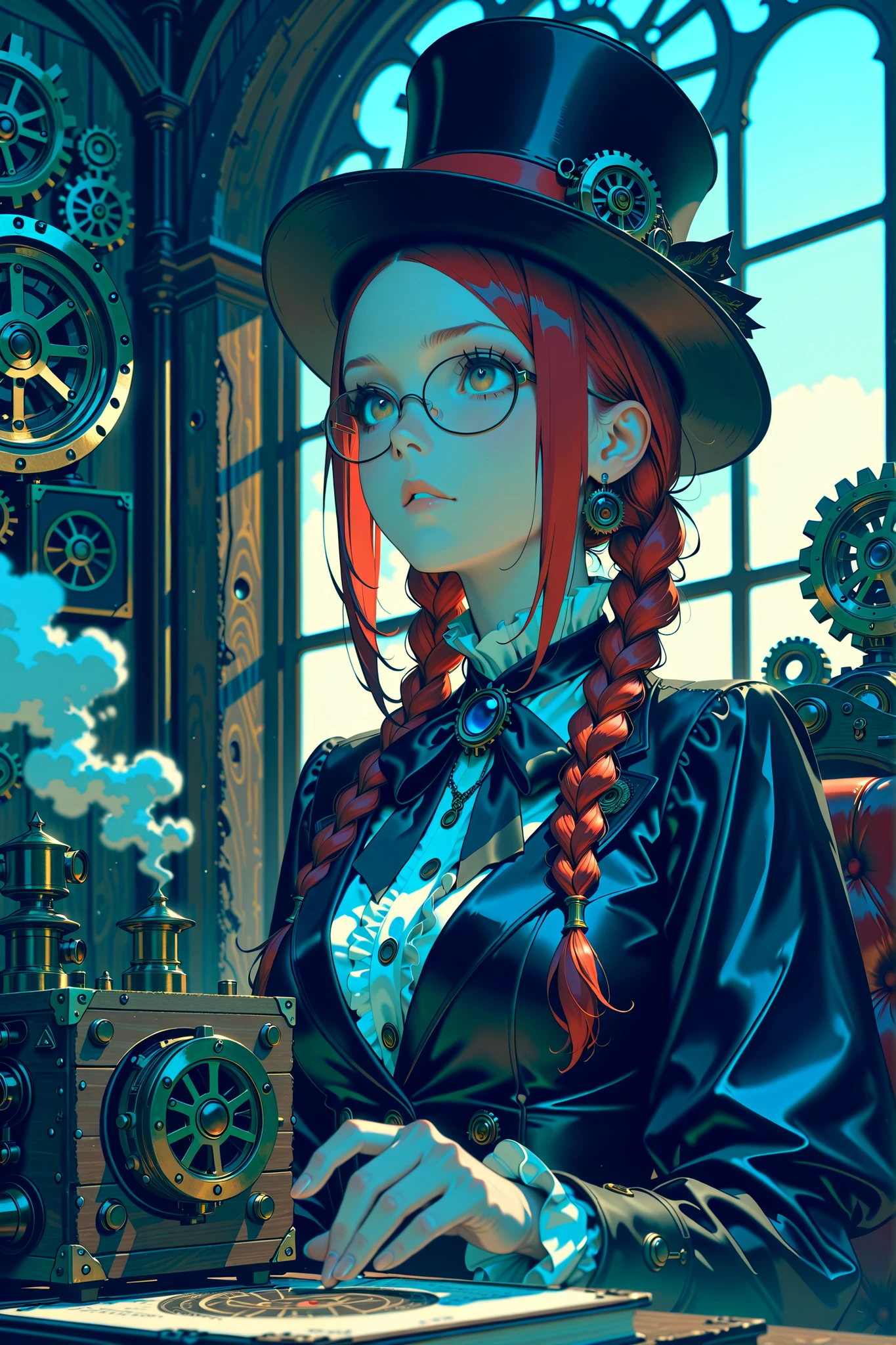 ((best quality)) , ((masterpiece)) , (detailed) , perfect face , A steampunk world. A girl with red braids and glasses. A world built with steam engines and gears. Her left hand rests on the edge of her glasses. She holds a dictionary with her right hand. She is wearing a black top hat