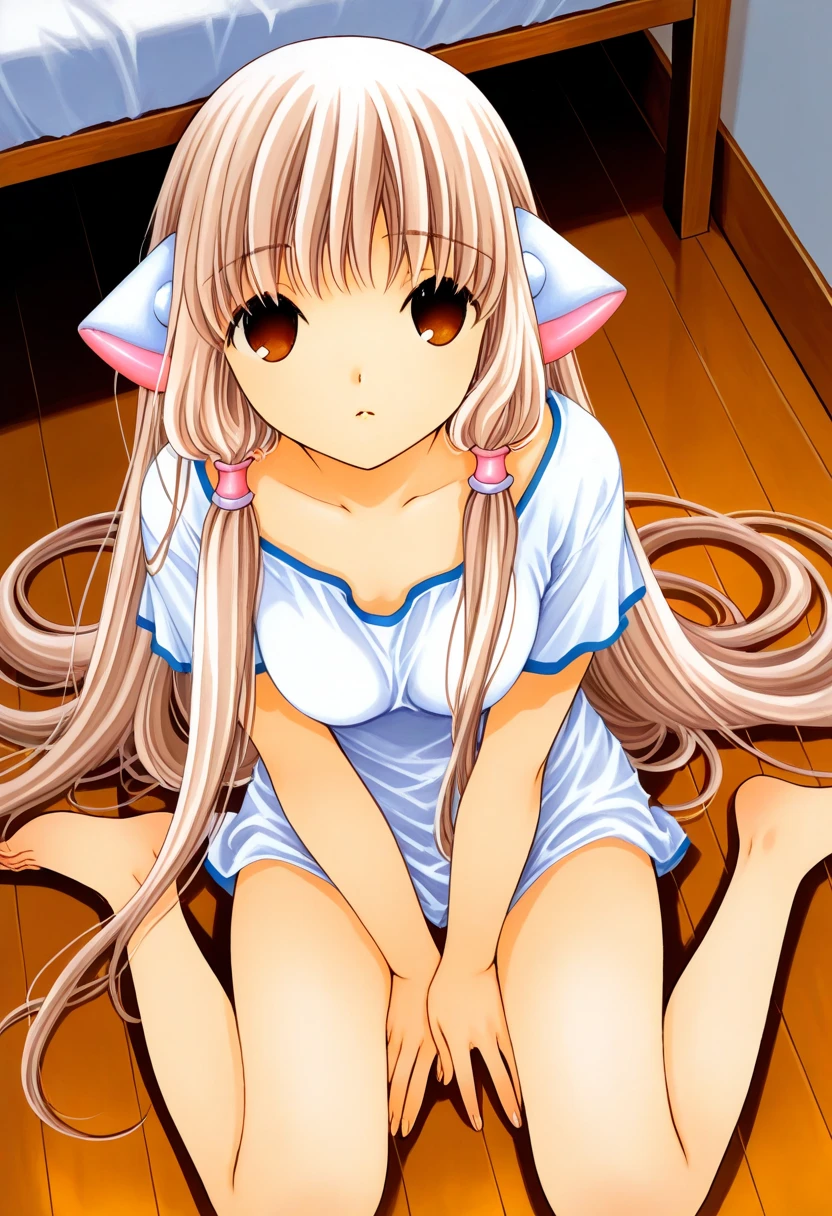 masterpiece, highest quality, best quality, amazing quality, newest, 
CHII,long hair,brown eyes,blonde hair,robot ears,white shirt,
1girl,solo,indoors,in room,sitting on the floor,wariza,hand between thighs,expressionless,looking at viewer,from above