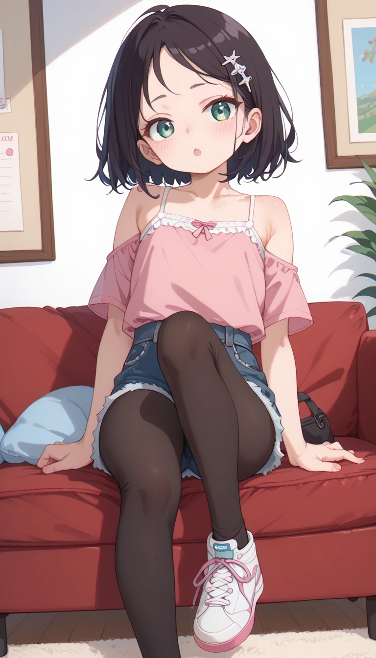 Picture a cheerful girl with short hair, comfortably seated on a chair. She's dressed in a cozy sweater and shorts, completing her look with a pair of stylish sneakers. The atmosphere is warm and inviting.