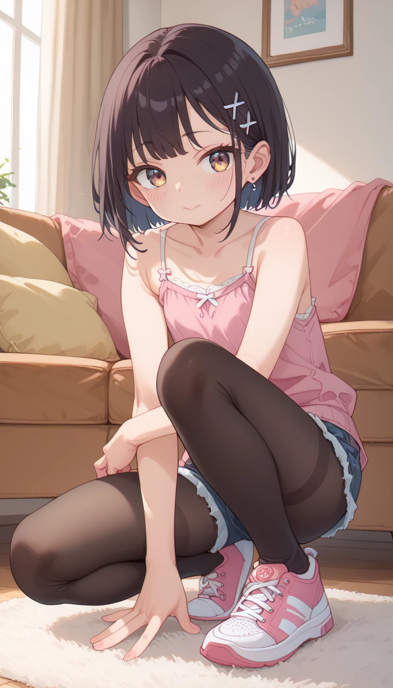 masterpiece、Highest image quality、8K、The moment my lover caused a miracle, great visual depiction, professional effects woman, full body, full body photo of woman、big red eyes、black hair、short hair,13 years old、1 female、red face、shyly、Elementary school students in Ichinyu、black camisole、Thong panties for elementary school girls、Inside the living room、sitting on the sofa