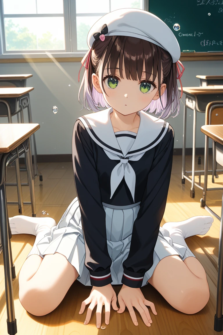 score_9, score_8_up, score_7_up, score_6_up, score_5_up, score_4_up, rating_safe, <lora:NemuPonyXL:0.6> Manaka Nemu, short hair, braided hair, brown hair, violet eyes,, black serafuku, green necktie, black thighhighs, black skirt, sitting on the floor