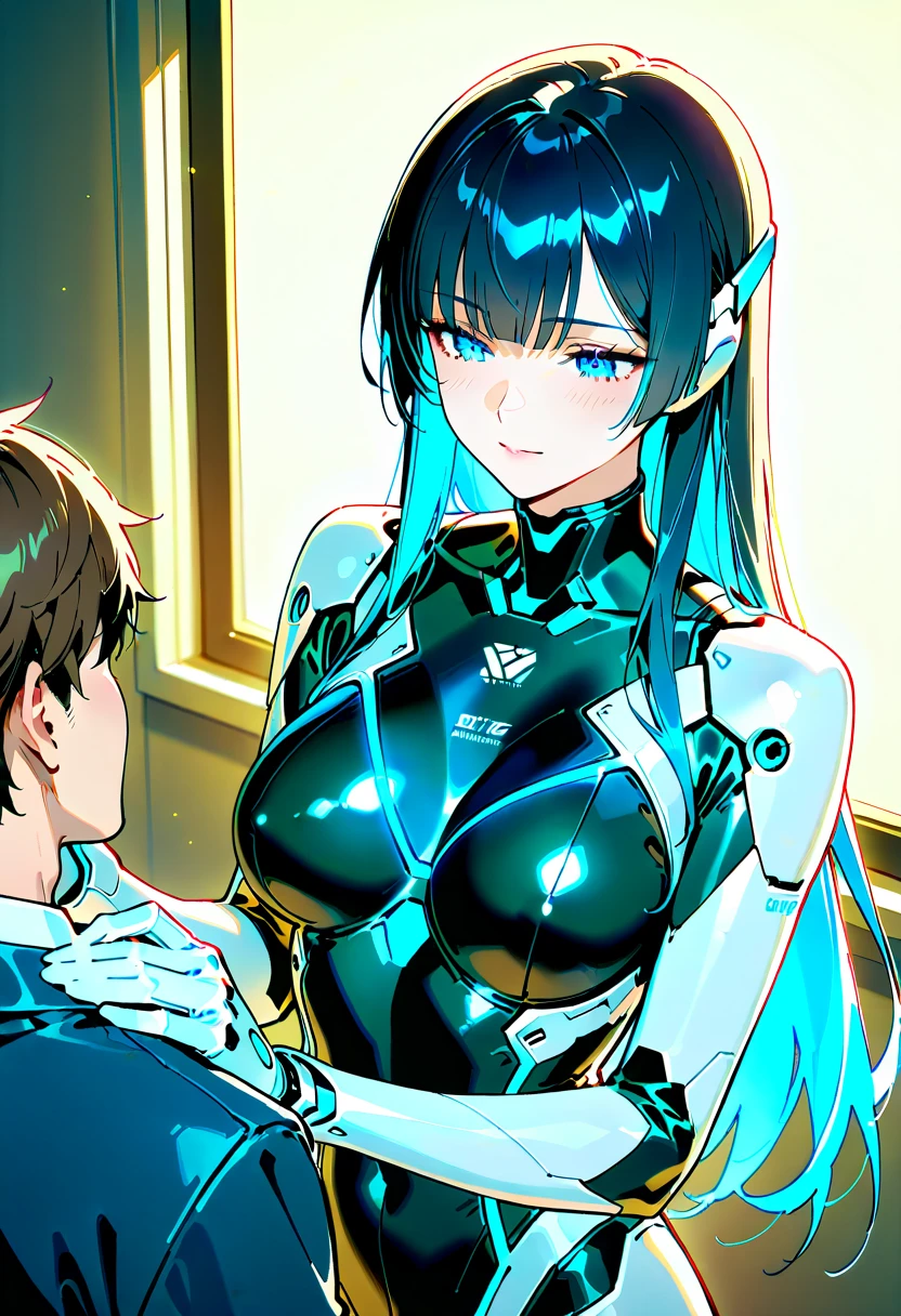 (masterpiece:1.2) (((32k))),(((Highest quality))), masterpiece, add_detail best quality, 8k, high resolution, Poster, Futuristic, blue shades, robotic man, male robot, human girl, girl and a robot love scene, girl and robot romantic scene, girl touching the robot check, in love, romantic, human girl and male robot, girl and robot in love, kissing, hugging, emotional, passion