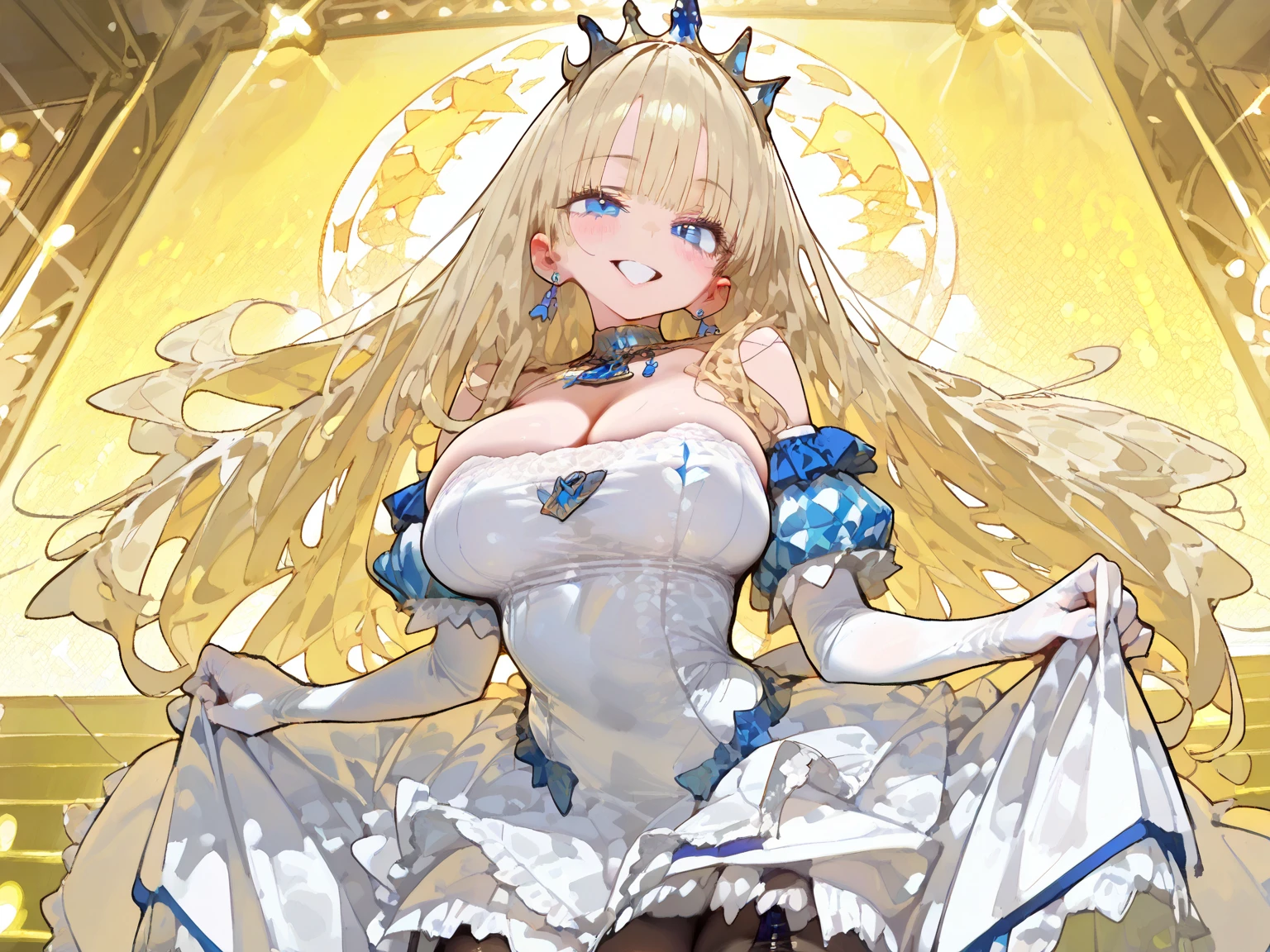 (masterpiece、Highest quality、Very detailed))、One girl、Blonde、twin drills hair、Emerald Eyes、evil smile、((Open Mouth))、Earrings、((Very large breasts))、((white dress))、cleavage、((white long globe))、((frill skirt))、((micro miniskirt))、Cowboy Shot、Luxurious Room