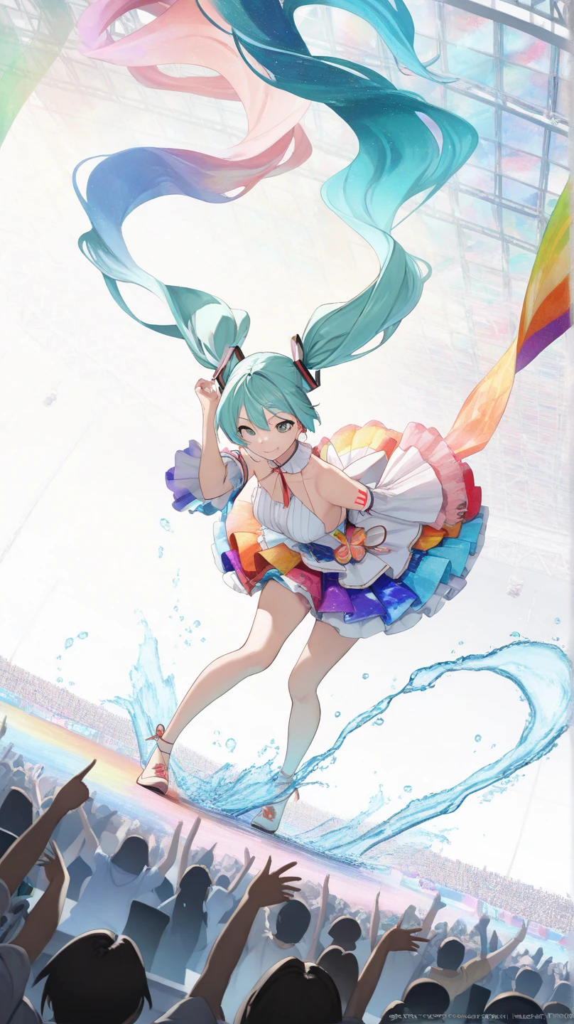 (masterpiece, Highest quality, Official Art:1.2), (colorful), Perfect Anatomy, Looking at the audience, One Girl, alone, White Background, floating colorful water, Ultra-fine illustrations, highly detailed, Dynamic Angle, beautiful detailed, 8K, break smiling amidst the colorful scenes, (Highest quality, masterpiece, High resolution, detailed), Anime Style, (Shining Eyes, detailed美しい顔), break,Dynamic Angle, Whole body shot, pastel colour