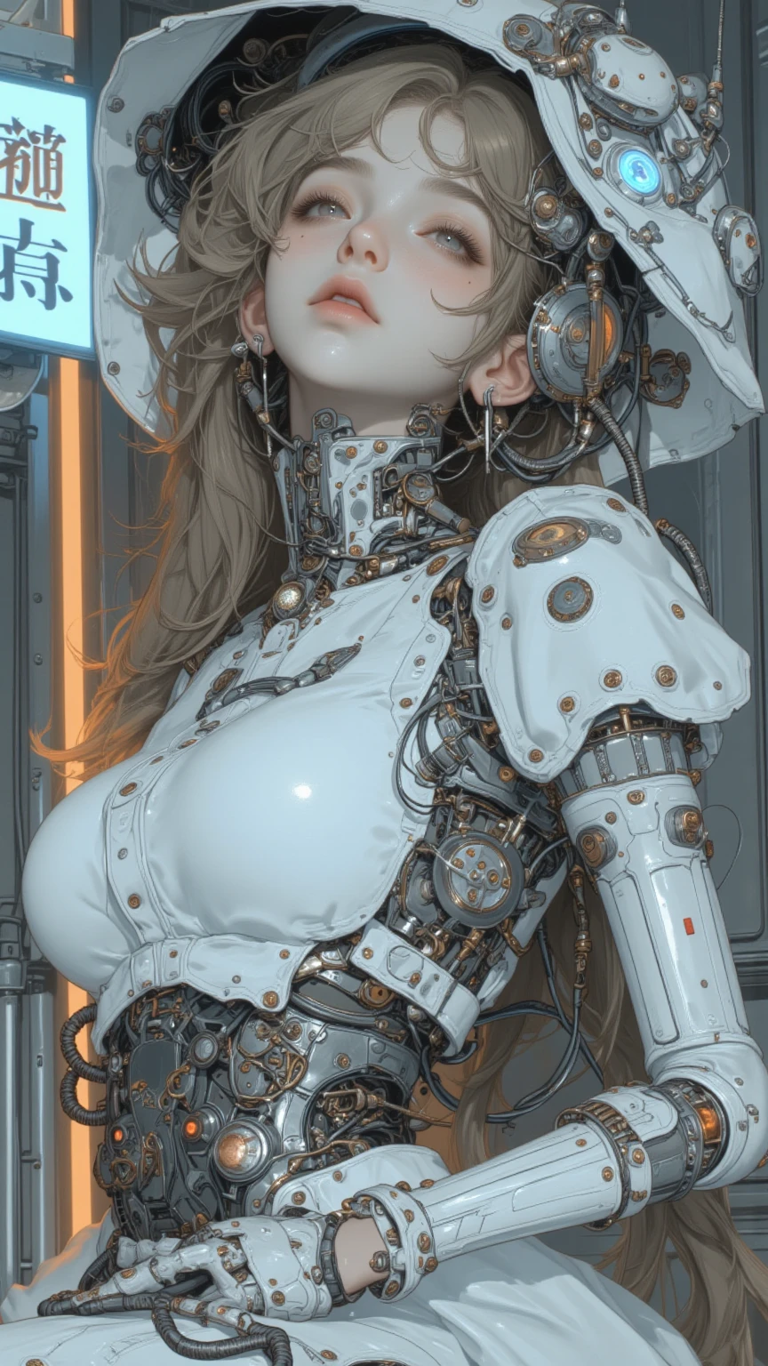 ((((topless)))), portrait of a slightly rusty japanese robotic geisha with wires and actuators, wearing silk red kimono offshoulder, cleavage, porcelain white face, dramatic lighting, hyper - realistic, ultra - realistic, intricate details, 8 k ultra high definition, octane render, Oiran, geisha, mecha, robot, Divine and gorgeously decorated oiran, make up, thick make up, she is a very elegant and beautiful 18 year old girl. Her face is gorgeously decorated, Ghost in the Shell, cyborg body, mechanical body, metal, mechanical limbs, tubes connected to the mechanical parts, (((masterpiece))), ((best quality)), (ultra-detailed), (CG illustration), (an extremely devious and beautiful)), cinematic light, ((1 mechanical girl)), single, (machine-made joints: 1.4), ((mechanical limblood vessels attached to the tube), ((mechanical spine attached to the back)), ((mechanical cervical vertebrae attached to the neck), ((back to the viewer)), expressionless, (wires and cables attached to the head and body: 1.5), science fiction, apocalypse, ruins, sexy, seductive, smile, big breasts, (smile)