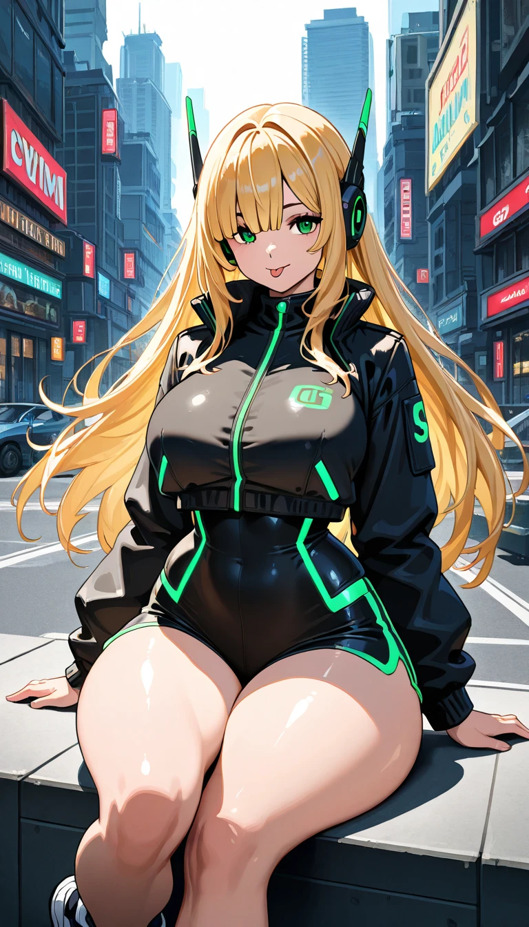 a detailed masterpiece portrait of a beautiful blonde woman with green eyes wearing a racing suit, extremely detailed face and figure, long hair, photorealistic, professional lighting, vibrant colors, cinematic composition, big breast, sensual Perfect body