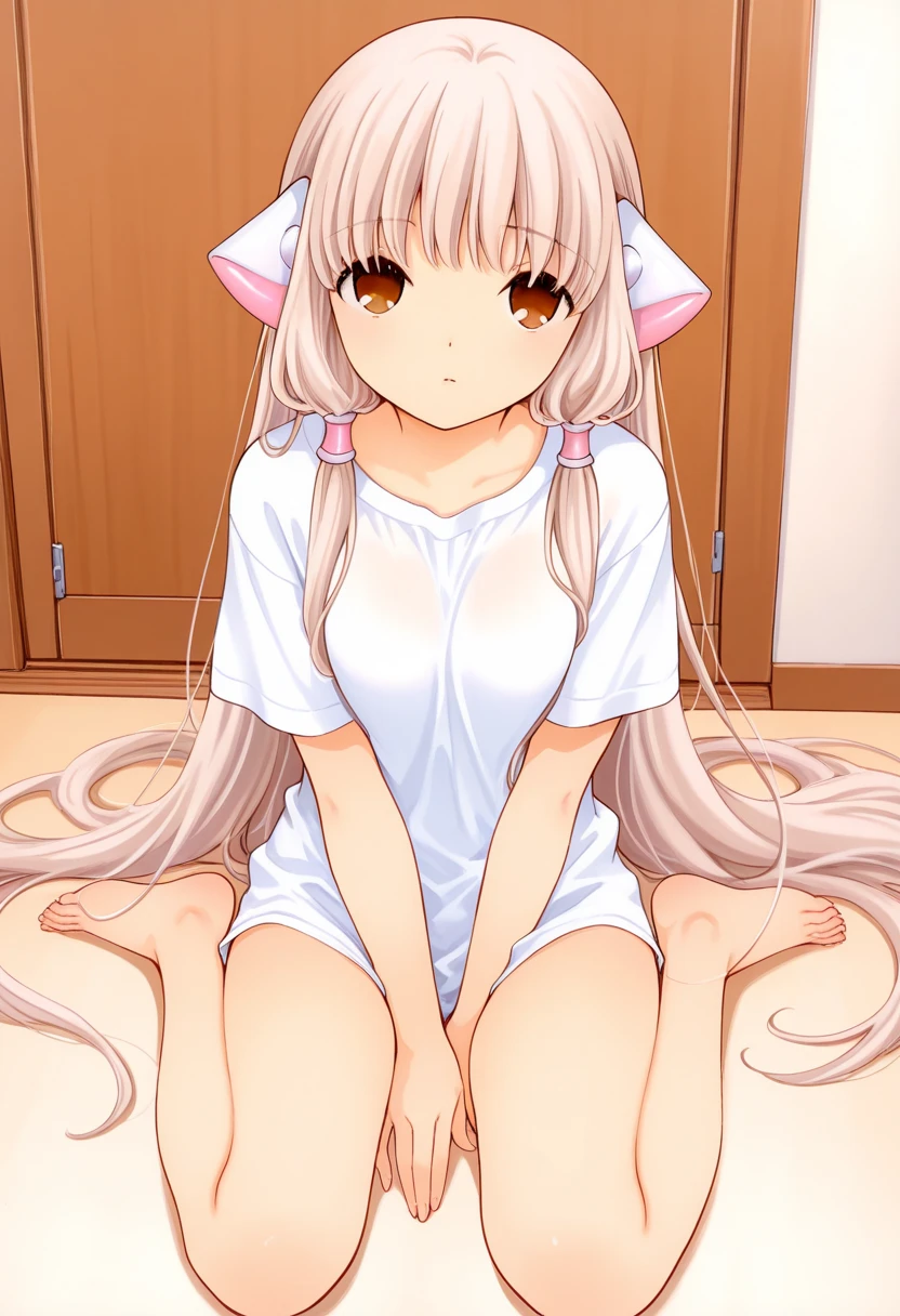 masterpiece, highest quality, best quality, amazing quality, newest, CHII,long hair,brown eyes,blonde hair,robot ears,white shirt, 1girl,solo,indoors,in room,sitting on the floor,wariza,hand between thighs,expressionless,looking at viewer,from above