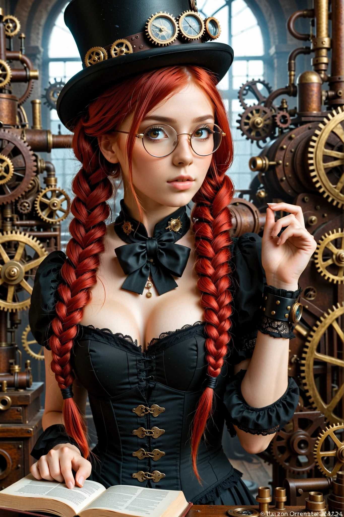 ((best quality)) , ((masterpiece)) , (detailed) , perfect face , A steampunk world. A girl with red braids and glasses. A world built with steam engines and gears. Her left hand rests on the edge of her glasses. She holds a dictionary with her right hand. She is wearing a black top hat
