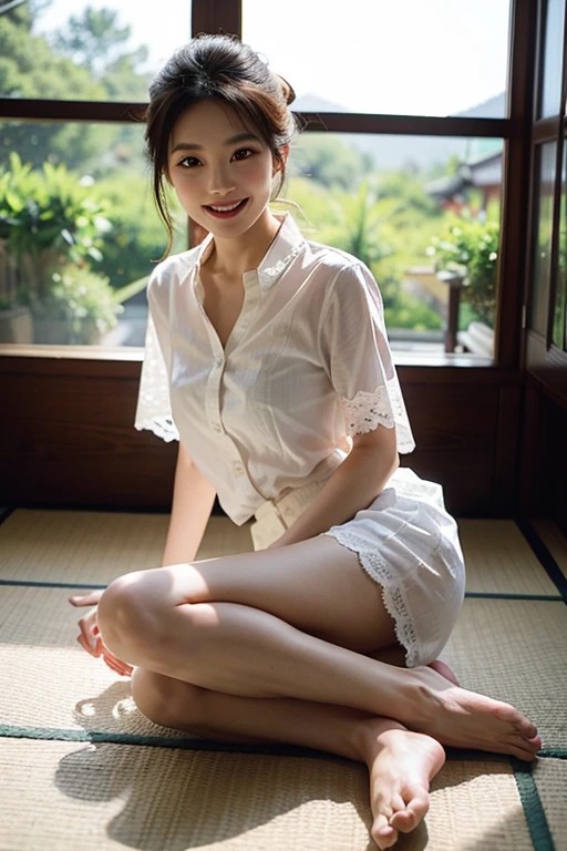 ((full body)),((full pose picture)) Masterpiece: 1.3), (8K, Photorealistic, RAW Photography, Best Quality: 1.4), Japan Girls, Standard Body Shape: 1.3, (light brown straight bob Hairstyle: 1.4), Ultra Detail Face, Eyes of Detail, Double Eyelids, slim legs, slim body, 20 years old girl, teen, ((squatting:1.4)), Slouching Breasts, Sharp Focus: 1.2, Pretty Women: 1.4, Light black Hair, Top Quality, wink, blushing, Masterpiece, ((smile:1.3)), Ultra high resolution, firm buttocks, black eye shadow, (photorealistic: 1.4), very detailed and professional lighting smile, hotel room, white pijama:1.4, unbuttoned pijama, bare feets:1.4,