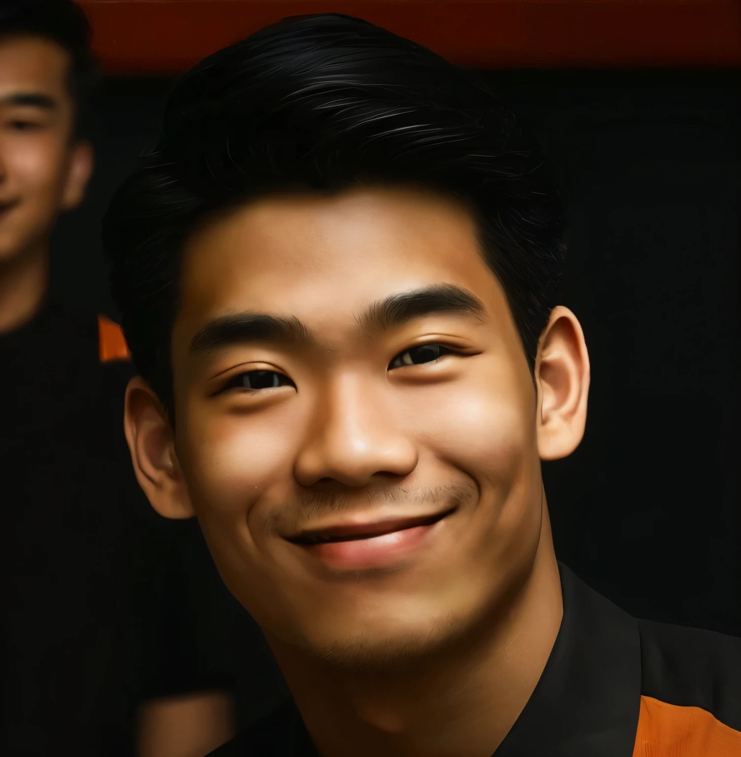 smiling man with black hair and orange shirt and black tie, hi luadthong, inspired by Ding Yunpeng, inspired by Ding Guanpeng, wlop and ross tran, detailed face of a asian boy, darren quach, realistic portrait photo, south east asian with round face, ross tran and bayard wu, reuben wu, inspired by Tooth Wu, asian male
