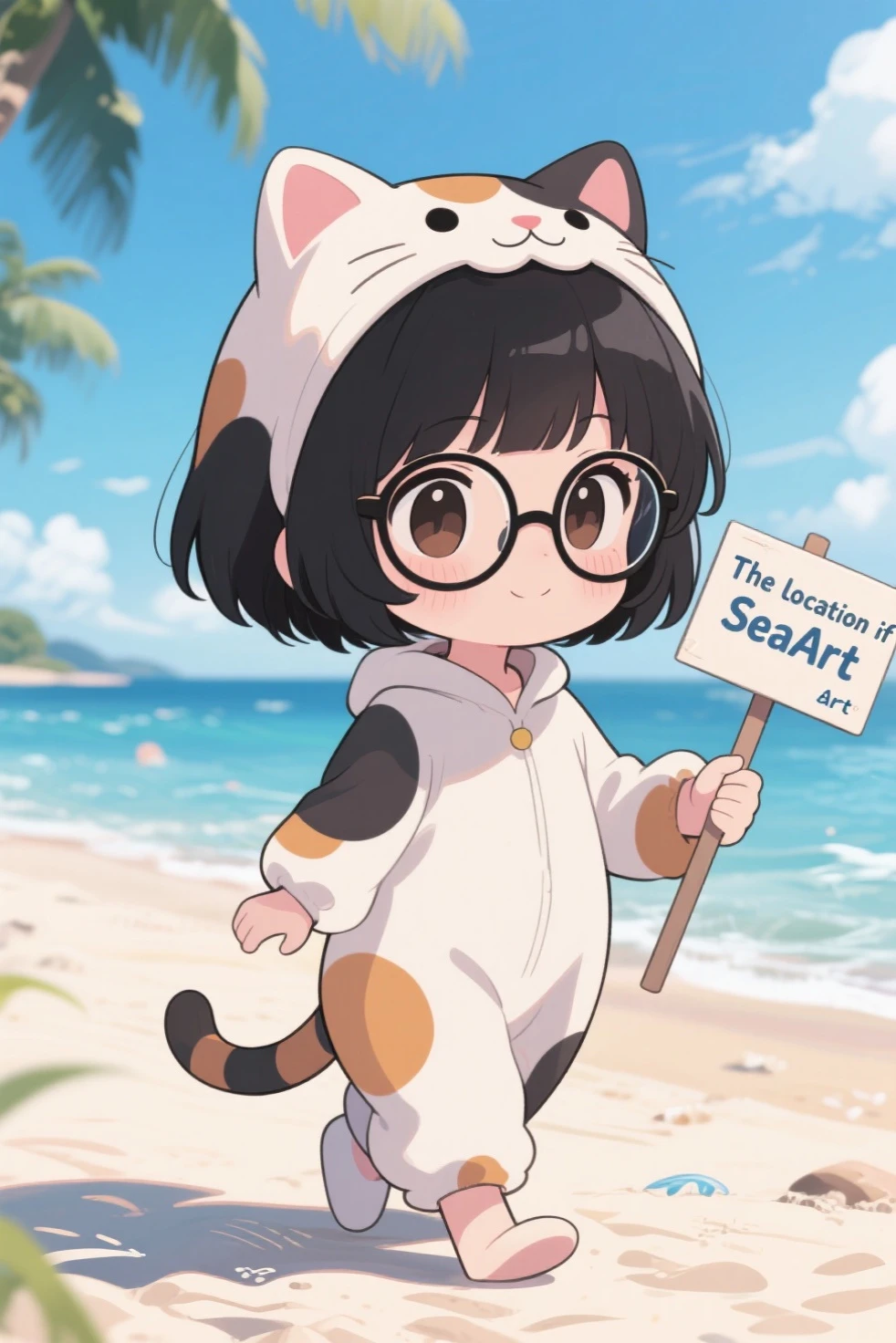 chibi anime art,1girl,(chibi:1.5),Girl with 、round glasses、short bob with black hair、I'm wearing a calico cat kigurumi、"SeaArt"I'm walking around with a placard that says、The location is the tropical coast、