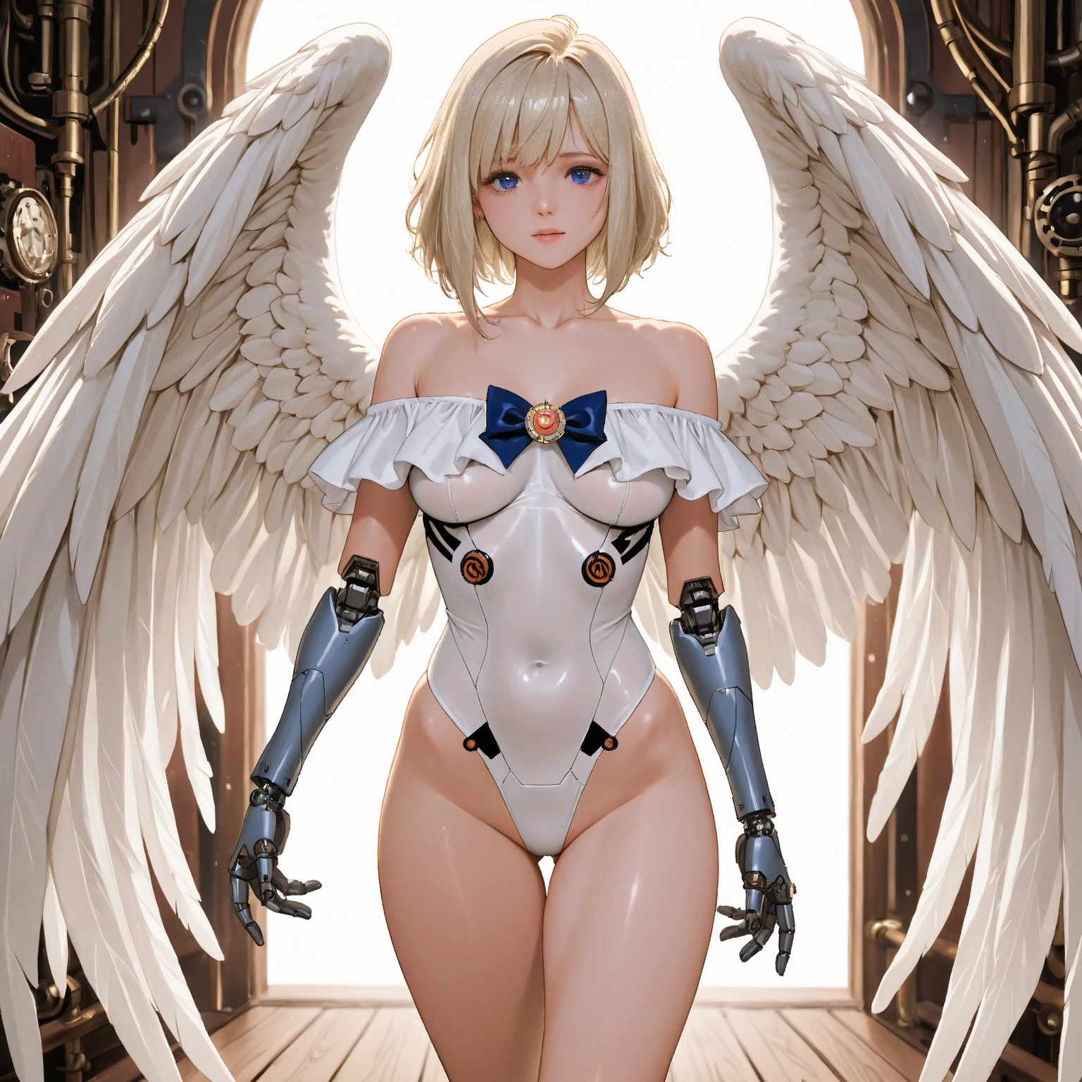 Figure, angel, sexy pose, big breasts, curvy, smile, bob haircut, sexy china dress, blonde, big eagle wings, halo
