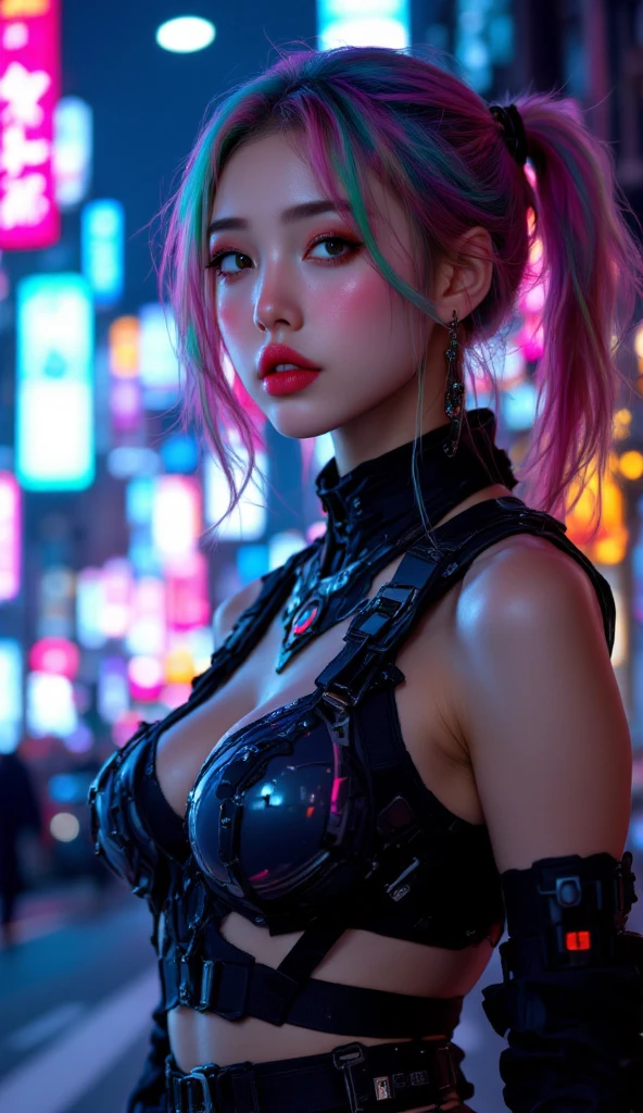 A stunning woman with vibrant neon hair, enchanting closed smile, happy lips, looking to the right, glowing in the midst of galaxy formations, painted by david diaz and sakimichan, detailed and realistic textures, monochromatic colors, surreal and mysterious, hyperrealistic, modern art, 8k digital painting, trending in Artstation, cinematic lighting, and dynamic composition.
