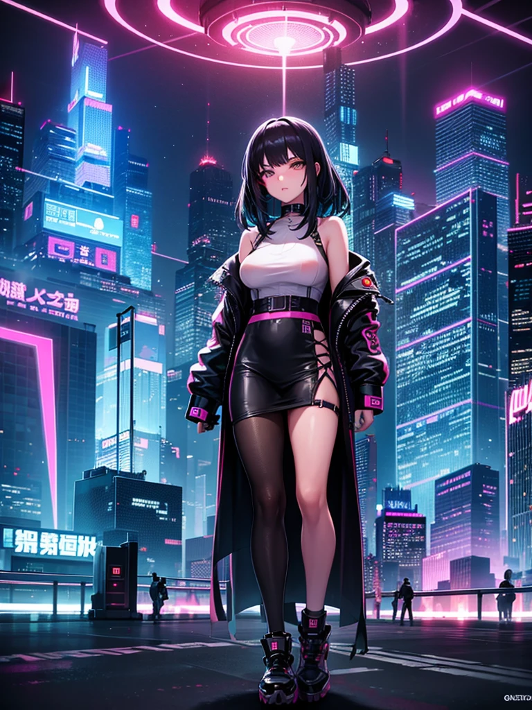 score_9, score_8_up, score_7_up, score_6_up, score_5_up, score_4_up, BREAK 1girl, intricate, Yakuza outfit , (eyeliner:1.2), looking at viewer, black hair, bun-cut, long hair, pale skin, jewelry, detailed background, breasts (masterpiece, high quality:1), multiple light sources, noen lighting, neon colors