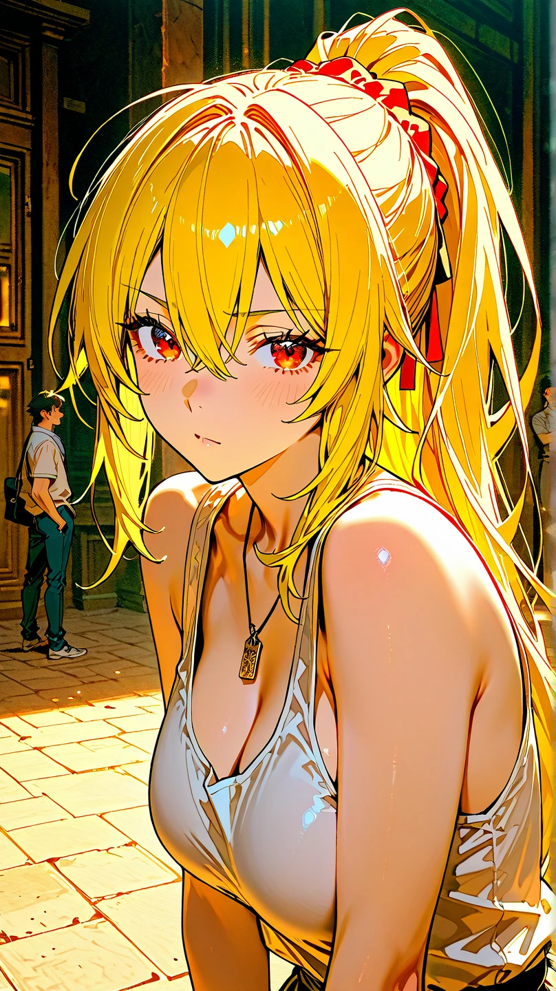 best quality, amazing quality, very aesthetic, absurdres, (1girl, oshino shinobu, monogatari \(series\), solo, blonde eyes, blonde hair, small breasts),(bandaid crotch, bandaid breasts:1.8), (night, thigh:1.3), (cowboy shot), (16yo), (from above0.7), (long hair, adult), (bent over, arms behind back:1.4), (blush:0.7), (gagged), angry, expressive eyes, perfect face, 4k, extremely detailed anime illustration, extremely detailed eyes, perfect anatomy, light rays, extremely delicate body, smooth skin, (bedroom background:1.5), clear eyes, beautiful face, smiling at viewer, (anime style:1.7), (cinematic Light:1.5), (highres:2),