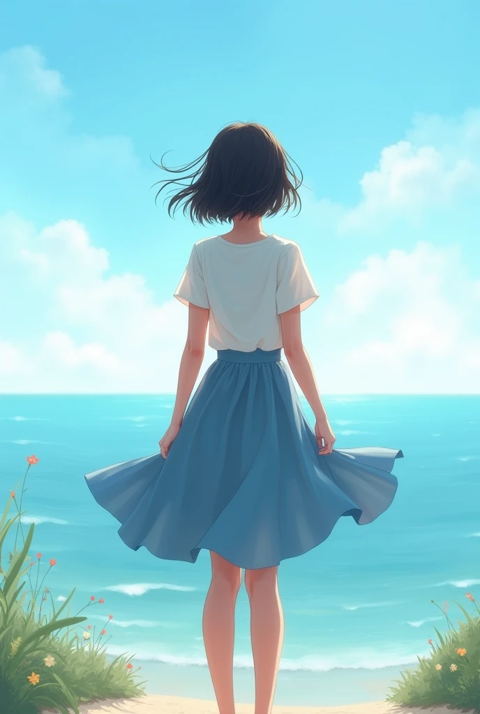 The image showcases a serene coastal setting with a solitary figure standing on a pier. The person is wearing a white shirt and a blue skirt,and their short hair is bobbed. They are facing away from the viewer,looking out over the vast blue ocean. The sky is partly cloudy,and the overall color palette is dominated by blues,whites,and soft oranges. The sun casts a gentle glow,highlighting the water's reflections and the pier's details..,masterpiece, best quality, reflect, puppy dog is playing