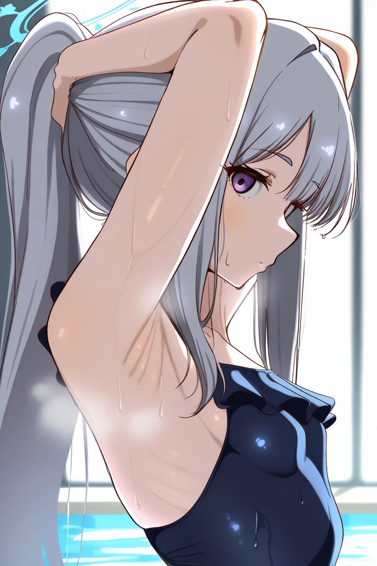 ((Highest quality)),((Very detailed)),masterpiece,Absurd,Detailed face,Beautiful Face,(Fine grain, Deep Eyes),(One girl),((Dynamic pose)),where, One girl, blue eyes, Long Hair, Hair between the eyes, Grey Hair, bangs, Black hair band, Flirting with my lover in my room、Armpit sweat,Shyness,clear,High exposure,Having my armpits licked,His arms are tied and he is hanging from a rope,男にMy breasts are being massaged,Sitting cross-legged,whole body,Topless,Nipples are erect,In underwear,Facing forward,Being hugged from behind,Peeing,whole body,Slender body,Small breasts,Completely naked、Being hugged by a man,My breasts are being massaged、With legs apart,Changing clothes、In underwear、Stretching in the room