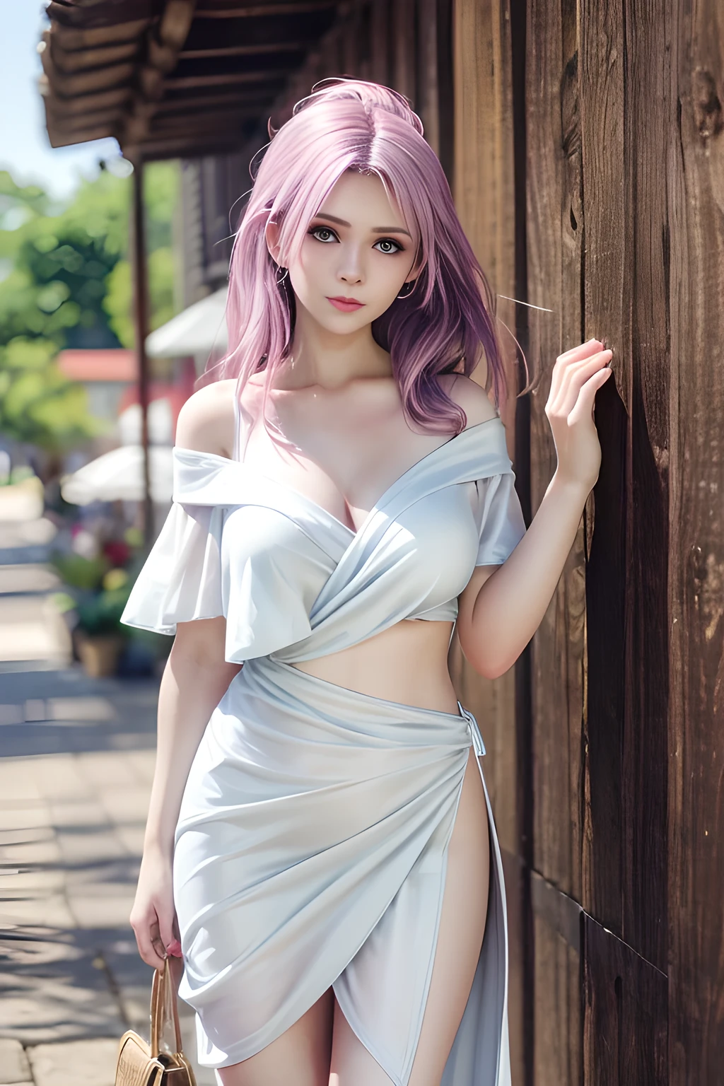 （tmasterpiece、best qualtiy、A high resolution），white backgrounid，pigment，（（Color mixing，Splash ink、Color mixing）），Sweet girl，Model the face，long light purple hair，[light violet|Pink big breasts]the hair，curlies，glitters，Pink lips，white  skirt，frontage，The upper part of the body，The character is centered，Does not obscure characters，