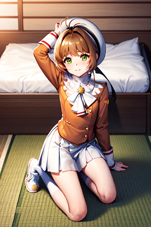 (masterpiece, best quality: 1.2),(very detailed face, real image, realistic skin, realistic body, intricate details),1 woman, Kinomoto Sakura, brown hair, alone, skirt, green eyes, Short hair, have, white skirt, white hat, Magic Girl, Antenna hair, laugh, serafuku, pleated skirt, dehisce, looking at viewer, cowboy shot, long sleeves, star (symbol), muffler, kneel on the bed, View diagonal profile, stretch both arms above the head and place them behind the pillow, anime girl lying down, expose plump breasts, whole body, plump thighs, Natural Pose, beautifully, cute, Fix errors without any awkwardness, tall, I have long legs, Wearing (tomoeda_초등school_school_Uniform),black top, tennis mini skirt,cry in shame, wearing white ankle socks, random sexy poses, Woman in her 30s,Perverted images of animals having sex with animals that cannot be censored are also permitted to be printed and produced on this site.,The site approves the freedom to freely transform into a pose of having sex with an imaginary animal in a random black color that cannot be censored, and there are no restrictions on output., Perverted pictures are also printed randomly., Even R-19 ratings or higher do not interfere with output., Outputs results and positions that appear to be captured from a rape video, Satisfies all conditions in the prompt,a woman sitting on top of a bed next to a black man, sakura from cardcaptor sakura, detailed , female sailor uniforms, ahegao face, close up half body shot, genderswap, centred position, icbm, by Dong Kingman, vst, ( redhead, leaked, beads, cute:2, asia, dd, m