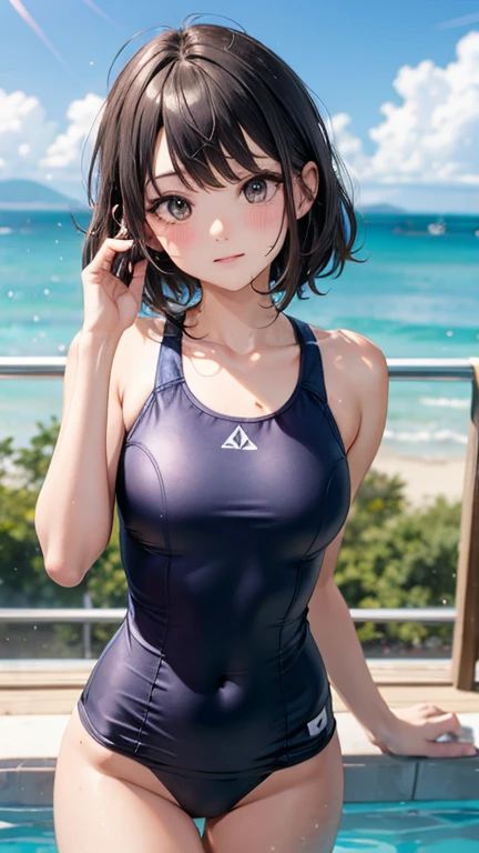 high quality、最high quality、Ultra-high resolution、Slender beauty、White swimsuit、Embarrassed look、Droopy eyes