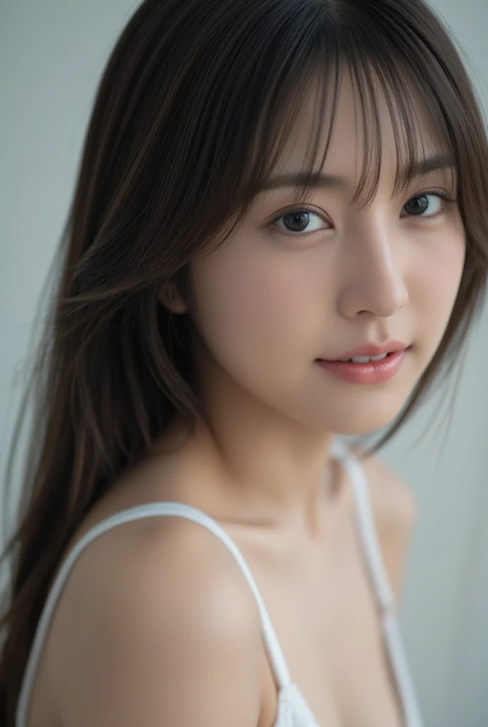 masterpiece, Highest quality, 8k, Absurd, (Depiction above the knee:1.4), White shirt, 20 year old beautiful girl, Pretty face, View your viewers, smile, (Big Breasts), Ultra-realistic, High resolution, photograph, Film Grain, chromatic aberration, Sharp focus, High resolution, Face Light, Dynamic Lighting, Cinema Lighting, Professional Shadow, Simple Background, (Dull grey background:1.4), 20 year old woman most detailed, Very detailed, Super detailed, In detail, Real Skin, Delicate facial features, Detailed face and eyes, Sharp pupils, Realistic students