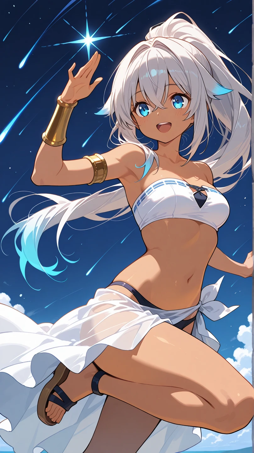 (1 girl), (((Velzard de tensei shitara slime datta ken))), She has fair skin, eyes the color of blue diamonds and long, shiny hair, Pearl White, reaching down to her waist, (((She wears a blue pendant in the shape of a star and a golden headband))), (wears a very short black bikini), large breasts, thin arms, (muscular belly), (((muscular legs))),(standing), thin waist, bare feet and very detailed, beautiful feet and well-shaped toes, (((beach night scene with starry sky and blood moon in the sky))), (hair tied in double ponytails), empty eyes, eyes empty, empty eyes, eye reflection, glowing eyes, bad mood, anime, anime style, ray tracing, cinematic lighting, panorama, Sony FE, UHD, masterpiece, anatomically correct, super detail, high quality, best quality, high resolution, 16k