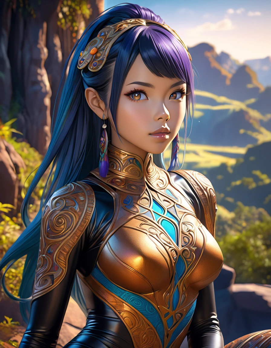 African asian elf woman anna akana,ornate leather bodysuit,detailed ...