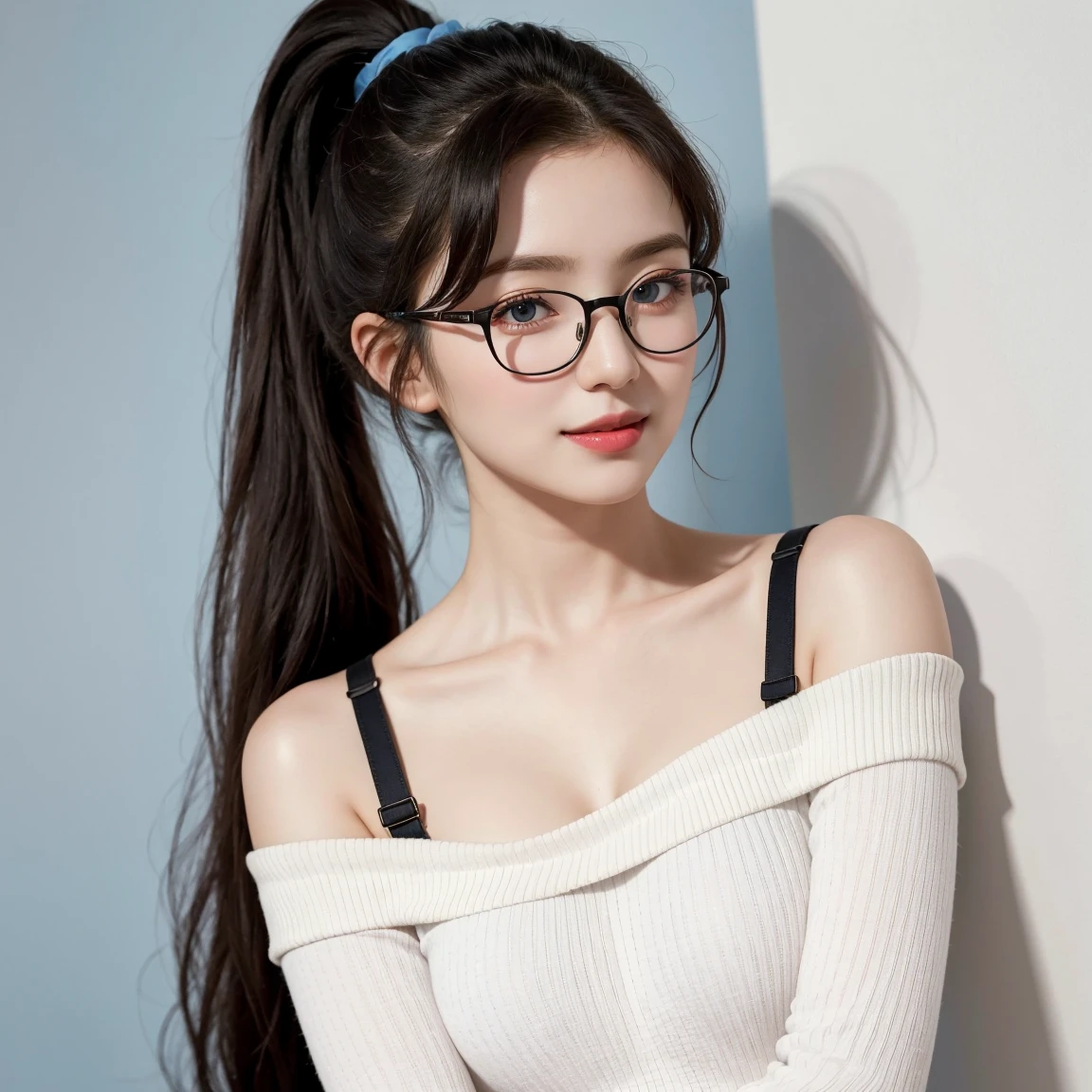 (Best quality, masterpiece, detailed), (RAW, 4k, hd images), shy, 1 girl, 17 years old, white skin, long hair, ponytail, layers hair, bangs, black hair, beautiful girl, cute girl, sweet girl, pretty girl, perfect girl, pretty eyes, blue eyes, thin lips, thin, (eye line, lip stick soft), perfect , glasses(detailed frame), room, smile, white off shoulder sweater, bra straps, plain wall background, pose like a model, facing on camera, potrait, photo on the middle