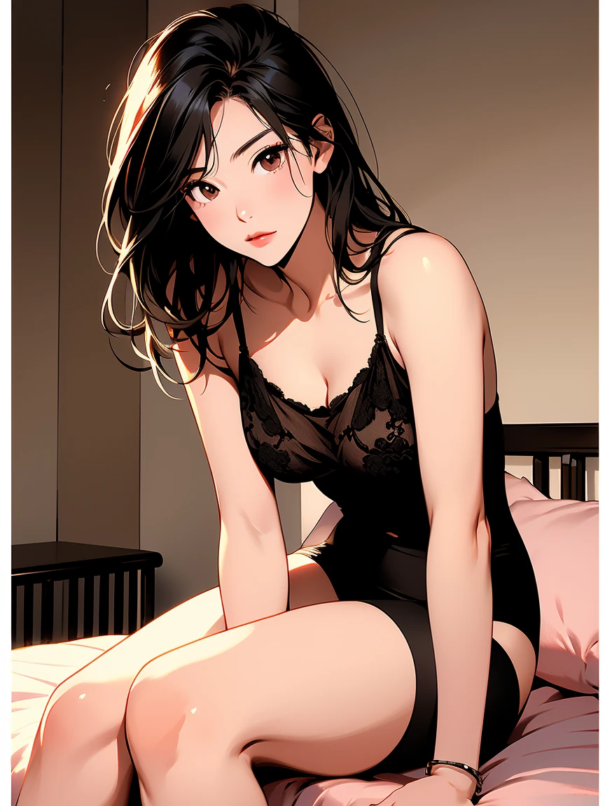(Sitting on a bed), (Looking back:1.1),、Ultra-realistic capture, Highly detailed, High resolution 16k close-up of human skin. Skin texture must be natural, With such detail that pores can be finely identified. Skin should look healthy, In a uniform tone. Use natural light and color、a Japanese actress in her 55s with a bewitchingly beautiful appearance、on bed, a professional female model dressed in elegant lingerie is striking an ((Looking back pose)). Her pose exudes confidence and allure, highlighting the beauty and intricate design of the lingerie. The model's expression is seductive yet tasteful, and the overall scene has an artistic and refined atmosphere. The background is kept simple to accentuate the model and the elegance of the lingerie.