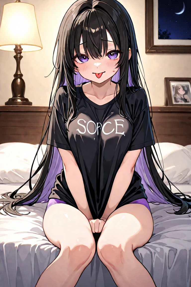 FernFrieren, very long hair, purple hair, purple eyes, (purple pupils), oversized t-shirt, bottomless, pussy, long sleeves, small breasts, purple lips, black choker, silver hoop earrings, metallic, blush, eyeliner, nose blush, freckles, looking at viewer, indoors, bedroom, window, garden, (detailed, highres:1.2), egirlmakeup, holding panties, presenting panties