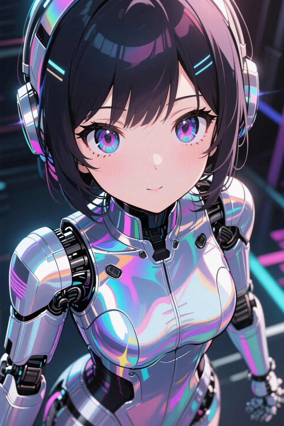(masterpiece、highest quality、Highest Resolution、Clear_image、Detailed details、Angle from above): (Whole body、One 20 year old girl、Japanese Faces、Small Face、Slender、Navy blue super short bob cut hair、(Hidden small breasts:1.3)、Sparkling blue eyes、Shiny pilot suit in blue and black colors、Chest protection armor、Tight fitting clothes、Clothing that covers the whole body、Glamorous clothes、Tight Fit Pants、Hide your skin、Very delicate and beautiful、Detailed Skin、hide thighs、Hide your ass、Cute、A gentle smile、Soft expression、heroine、headset、Knee-high boots、Elbow-length gloves、Eye Level Shot、Face directly、Woman on a spaceship)