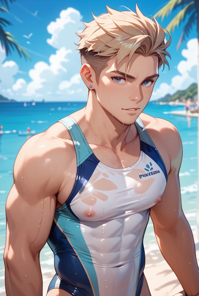 (score_9,score_8_up,score_7_up,score_6_up,score_5_up,score_4_up), best quality, best lighting, high-definition background, in Japanese anime style, 1 boy is 18 yo, brown hair, red eyes, muscled, topless, ((veiny arms)), speedo, (bulge with penis and testicle shape), , beach, public hair,