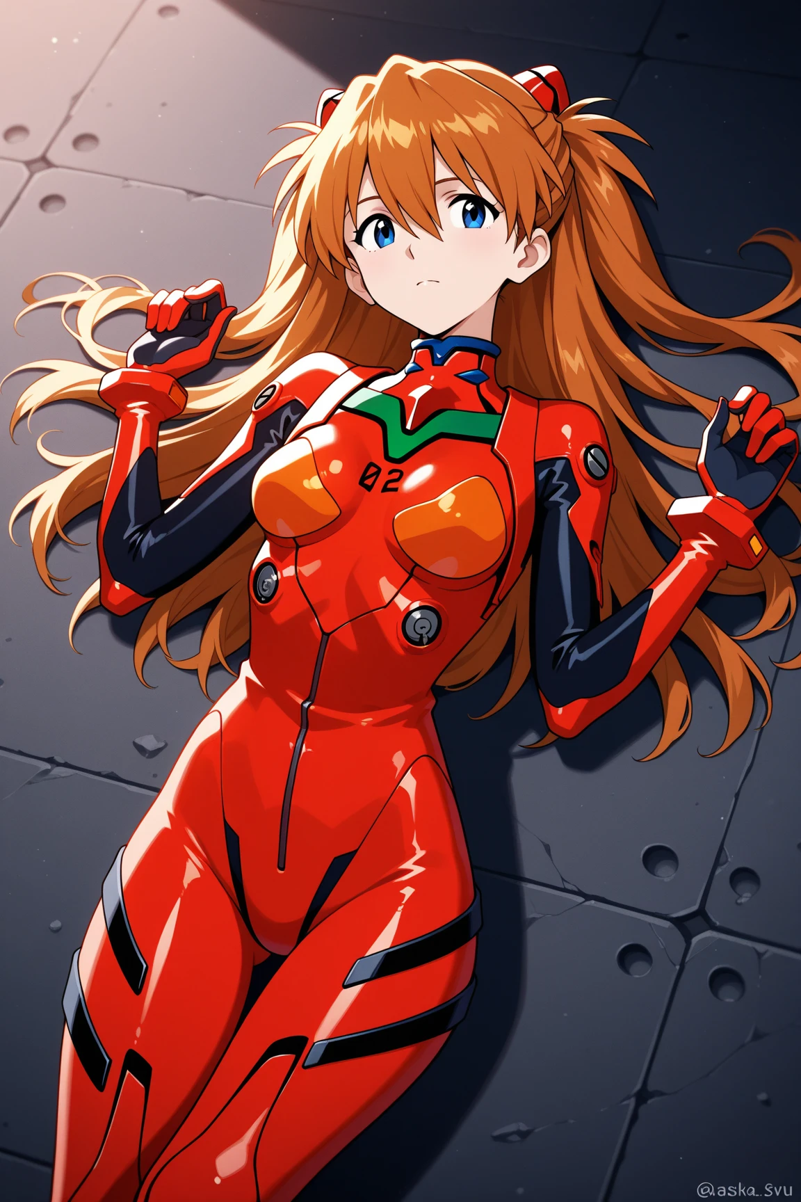 1girl, souryuu asuka langley, neon genesis evangelion, big breasts, red plugsuit, standing at the entrance of a futuristic room. She is positioned with her back to a sliding automatic door., looking down, looking at viewer, masterpiece, best quality, very aesthetic, absurdres,