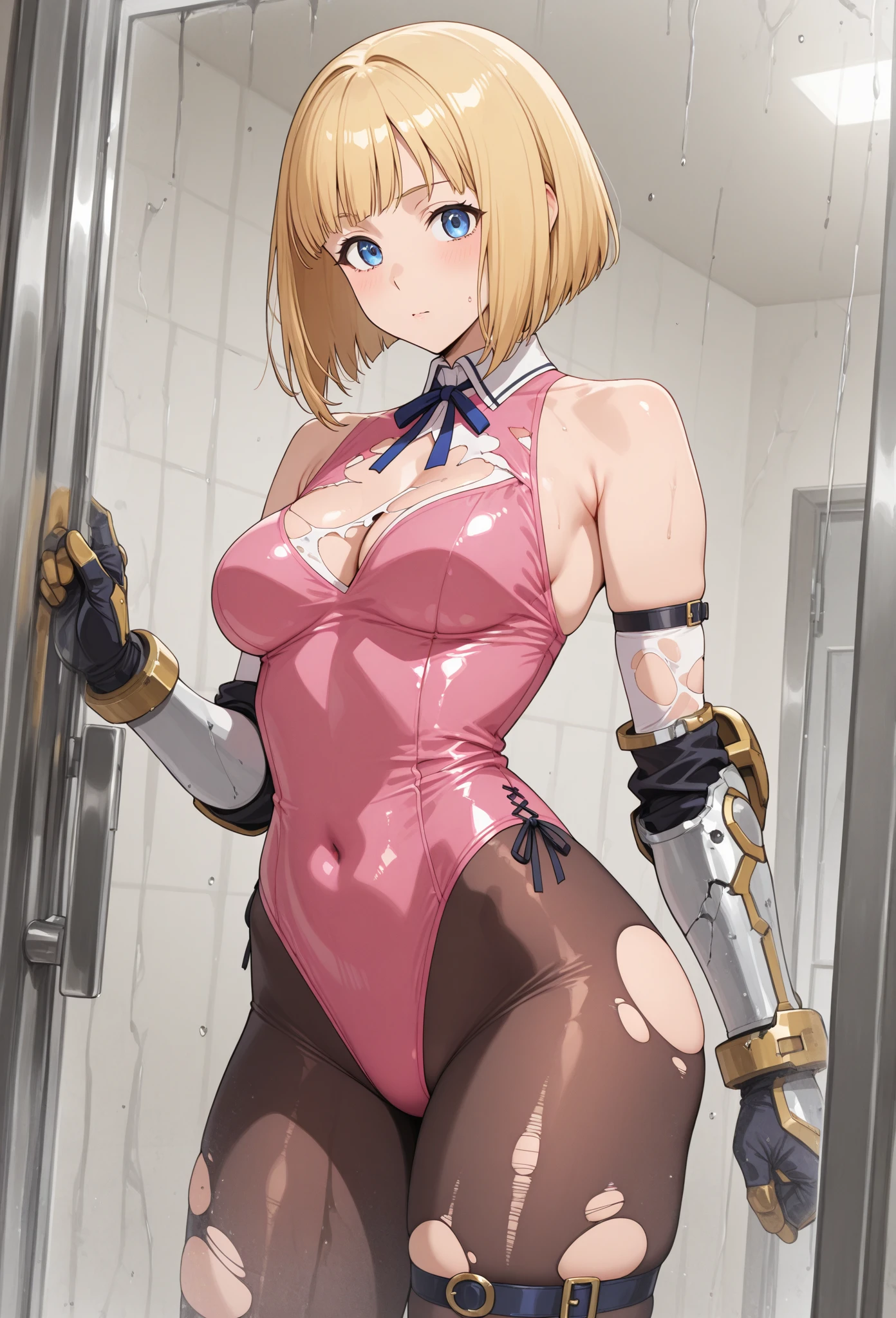 blush, cleavage,, blue eyes, red fingerless gloves,glowing aura, natural light, masterpiece, glossy skin, juicy lips ,short hair, cute, kawaii, adorable,adult, cuddle, kawaii clothes,blonde hair, random action, sexy, hot, nipple slip, full body, nurse uniform , juicy lips, hospital, evil blood, ((from below)), serious, angry, standing