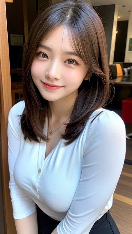 Top quality, 1 beautiful Japanese woman, long brown hair, casual clothes, smiling, selfie, natural light, at park