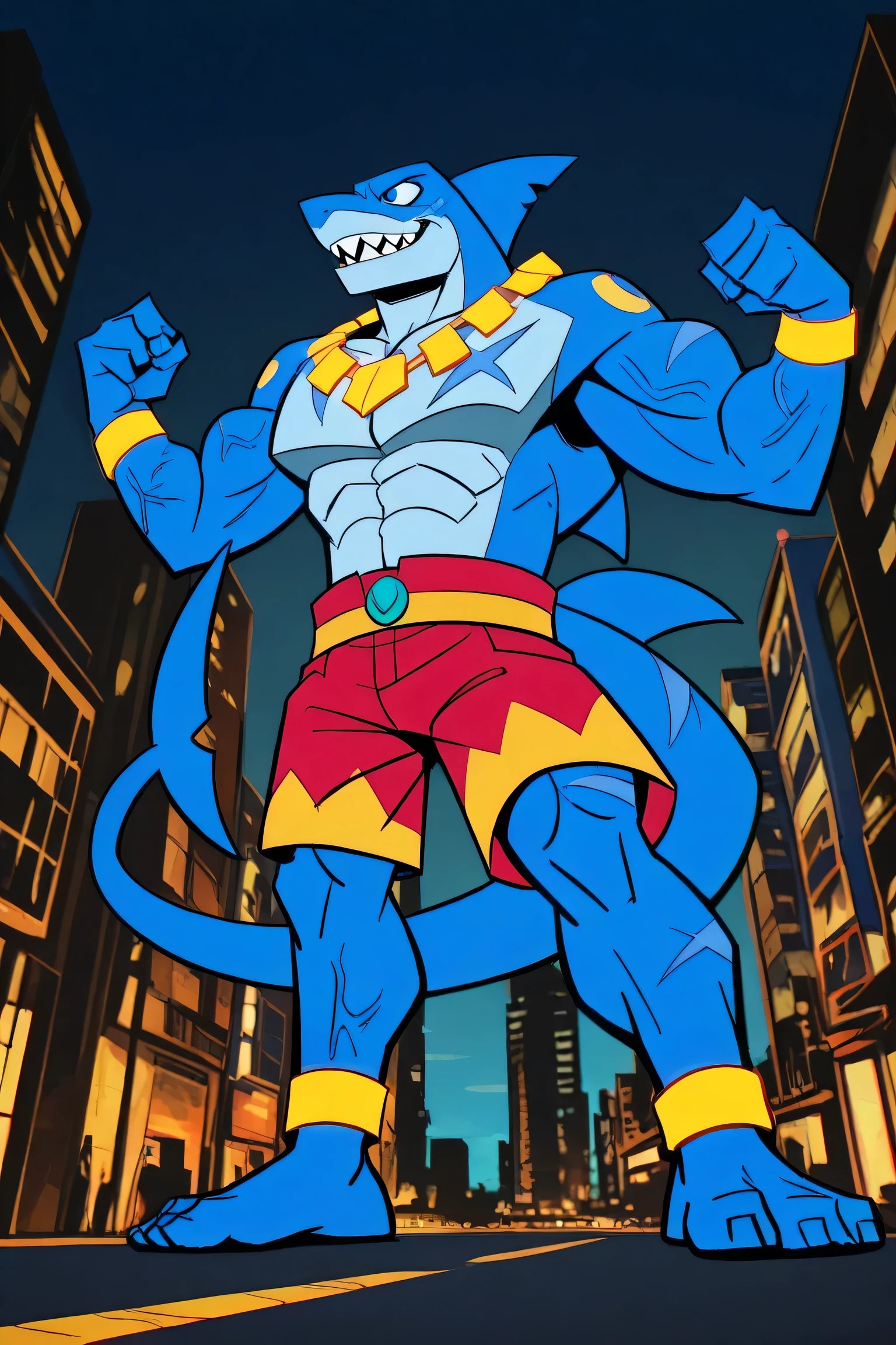 score_9, score_8_up, score_7_up, score_6_up, score_5_up, score_4_up, source_furry, tentacularrumble, cartoon 2d shark, teeth, blue skin, sharp teeth, muscular, blue eyes, long tail, max detail, 4k, absurdres, highres, profile angle, dynamic pose, standing, full body, macro size, flexing his powerful muscles and bouncing his pectorals, cartoon 2d style, gigantic chin, veins, tattoos, scars on the body, wearing red ripped shorts, bigger cartoon eyes, city background, very cartoon, golden bracelets, golden necklaces with colorful jewels.