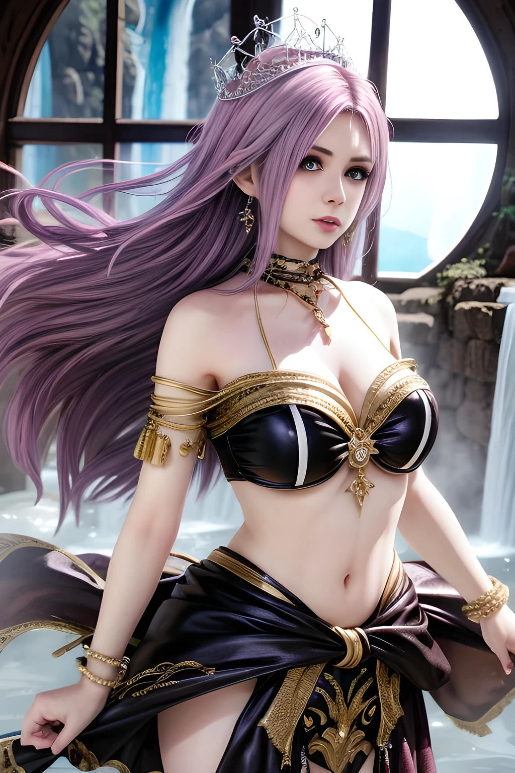 (masterpiece, sidelighting, finely detailed beautiful eyes: 1.2), masterpiece*portrait, realistic, 3d face, glowing eyes, shiny hair, lustrous skin, solo, embarassed, (midriff), purple hair, soft lips, glossy lips