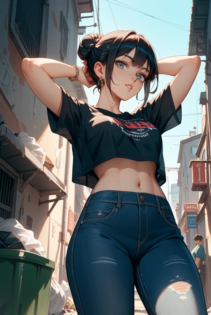 8K,high-level image quality、reality、solo ,Chest Reveal、black hair ,hair bun ,sexy ,  cowboy shot (tie a shirt) , (white shirts ),  crop , navel , (cut-off jeans) , wide hips,(tokyo street background) , (muscular:0.2)