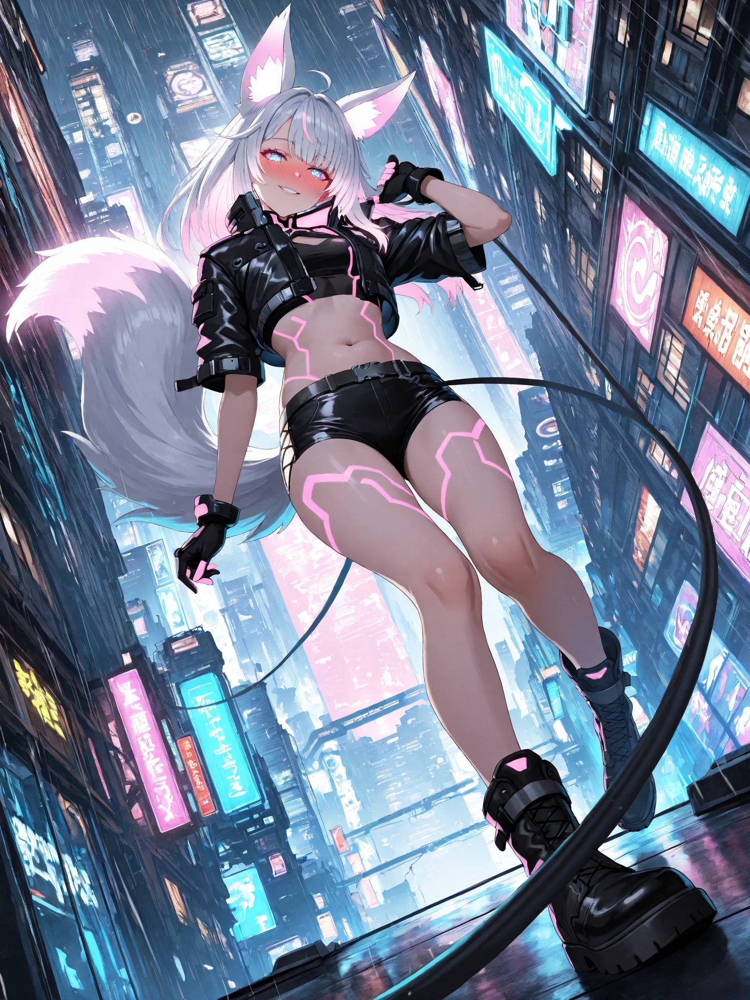(top-quality), (​masterpiece), (hight resolution), (tmasterpiece)、 cinematric light, Cinema Shadow, Sharp Image, Extremely detailed, Volumetric, (Pink Neon City)、(cyberpunkcity), particles effect, beautiful effects, Vivid colors, neons, Neon light, colorful water splash, clear and beautiful, Mysterious, Beautifully painted,Tiere、(Cute cat made in cyberpunk style)、1womanl，(very long hair of white color,,,,,30-years old，Large breasts, Huge breasts, huge-breasted, large full breasts, long drooping milk、I'm smiling、military weaponry)、(Button Up Military Uniform:1.3)、(Turbulent colorful light) 、(Full body photo)、(floating)、(Photo from below)